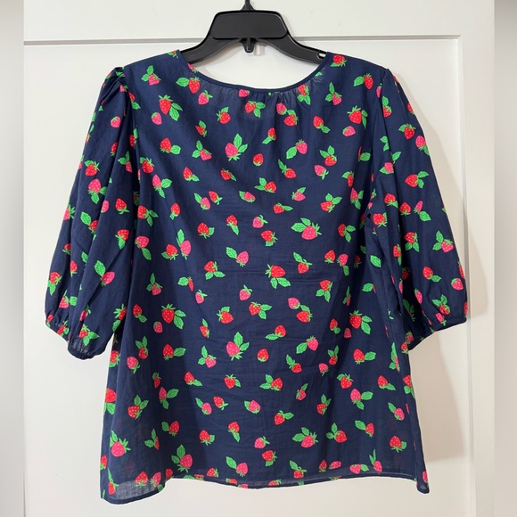 Kate Spade Navy Blue with Strawberry Print Tossed strawberry puff sleeve top - Picture 5 of 11